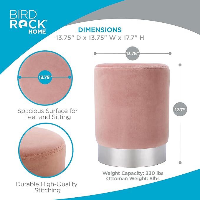 BIRDROCK HOME Round Ottoman Foot Stool – Soft Padded Modern Design – Ideal for Living Room, Bedroom – Compact Footrest, Vanity Chair, Small Furniture – Foam Seating, Decorative Accent (Dusty Rose)