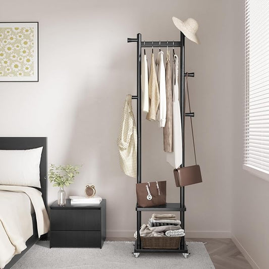 Solid Wood Coat Rack Freestanding Clothing Rack with Wheels & 2 Shelves Storage & 5 Hooks Heavy Duty Clothes Rack Wood Coat Tree Stand Hat Hanger Rack for Corner Bedroom Entryway Living Room Hotel