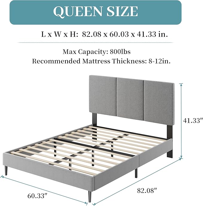 Queen Size Bed Frame with Headboard, Vertical Channel Fabric Heavy Duty Queen Platform Bed Frame, No Springs Required, Easy to Assemble, Grey