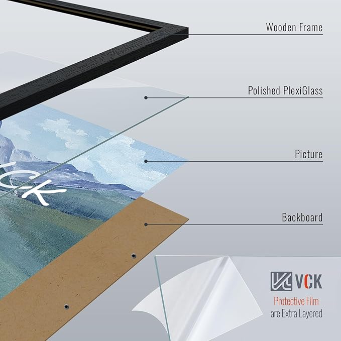VCK 24x30 Poster Frame Set of 2 - Black, Textured Exclusive Solid Wood Picture Frames with Polished Plexiglass, Wall Hanging