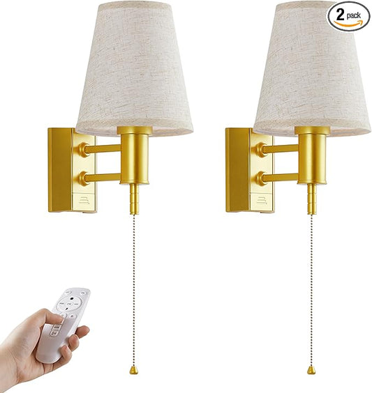 Battery Operated Wall Sconce Lights Décor for Bedroom Set of 2, Wireless Rechargeable LED Wall Lamp with Remote & On/Off Pull Chain, Wall Mount Lighting Fixtures for Living Room, Satin Gold