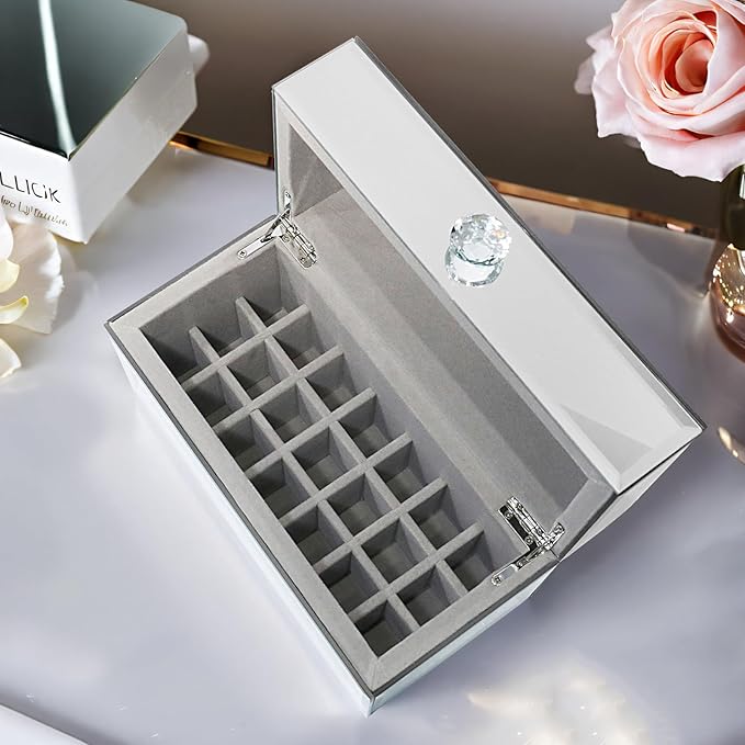 Glass Lipstick Organizer,21 Space Rollerball Perfume Organizer with Lid,Lip Gloss Organizer for Vanity, Crushed Diamond Home Decor