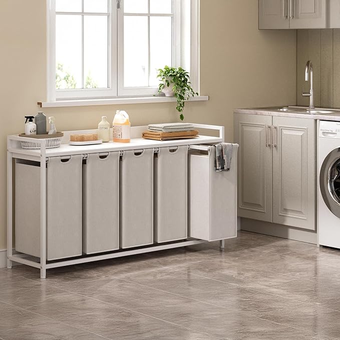 Laundry Hamper with Shelf, Laundry Basket 5 Section, Laundry Sorter with Pull-Out Removable Large Bags and Movable Wheels, Metal Frame, 5 x 15.87 Gallons (60L), White PF08XLW