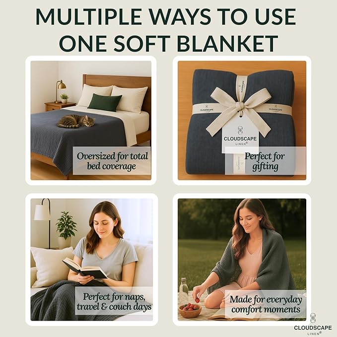 Soft 4 Layer Muslin Cotton Blankets Queen Size for Bed, 100% Cotton Blanket for All Season, Pre-Washed Gauze, Best Summer Blanket, 92x92, Dark Grey