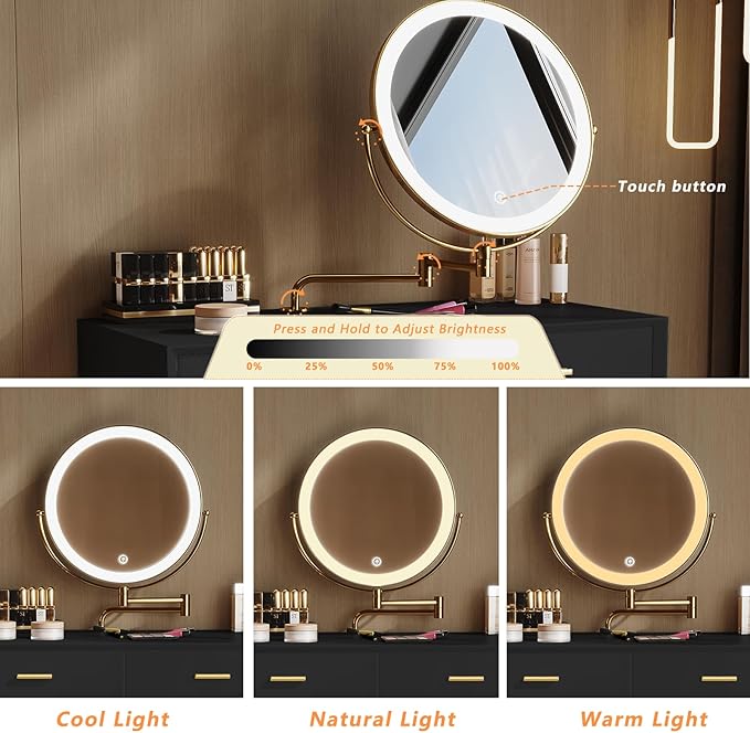 Vanity Desk with Adjustable Mirror and Lights, Makeup Vanity with 2 Drawers and Chair, Small Dressing Table with Leather Surface for Bedroom, 3 Lighting Modes (Black)