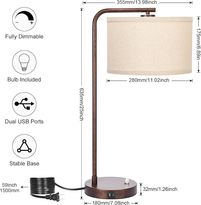 Vintage Table Lamp, Fully Dimmable Table Lamp with C+A USB Charging Ports, Farmhouse Bedside Lamp Nightstand Light, Tall Reading Desk Lamp for Living Room, Bedroom, Office, 9W LED Bulb Included