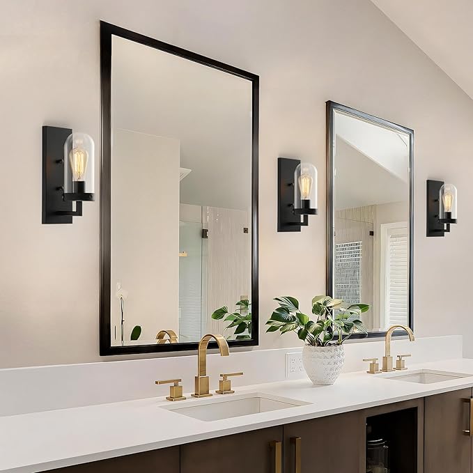 Black Wall Sconces Set of 2, Modern Farmhouse Bathroom Sconces with Clear Glass Shade, Vanity Lights for Bedroom Living Room Bathroom Hallway Stairwell