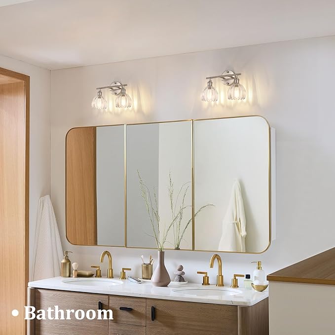 Bathroom Light Fixtures, 2-Light Vanity Wall Light Over Mirror with Clear Tulip Glass Shade for Bedroom Living Room, Satin Nickel