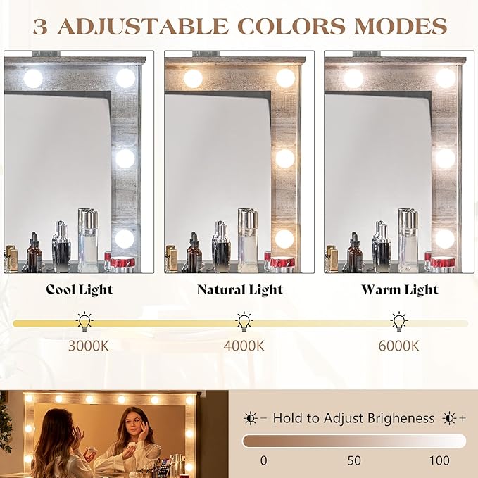 55'' Farmhouse Vanity Desk with Mirror and Lights, Large Makeup Table with Charging Station, Glass Tabletop & 5 Drawers, Rustic Dressing Table for Bedroom, Light Grey