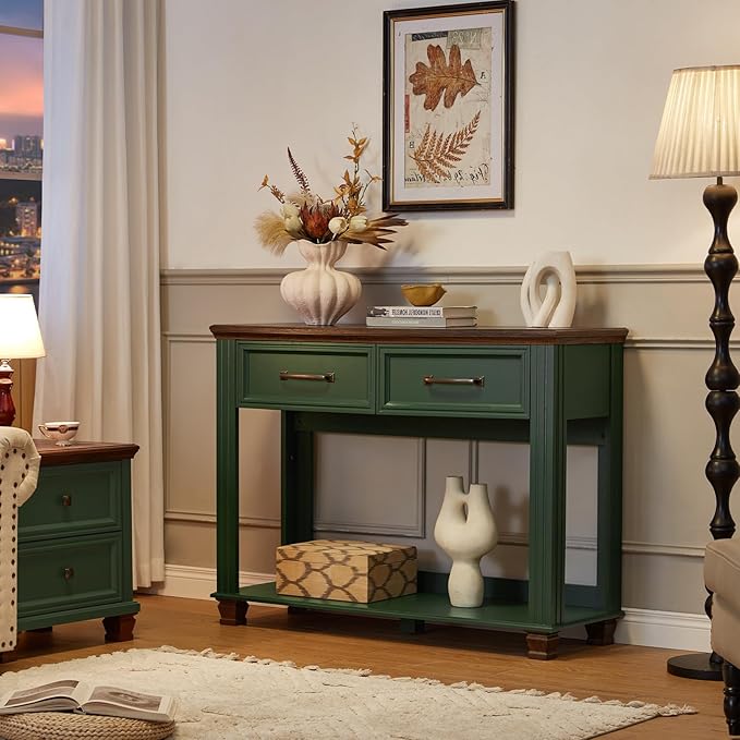 Farmhouse 46" Console Table with 2 Drawers, Rustic Wood 2 Tier Entryway Table with Open Storage Shelf for Entry, Large Mid-Century Vintage Sofa Tables Behind Couch for Living Room, Green