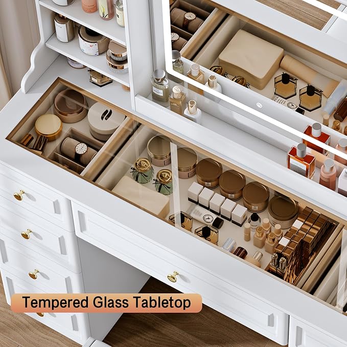 42" Makeup Vanity Desk with Mirror and Lights, & Power Outl, Glass Top Big Vanity Table with 9 Drawers& 8 Storage Shelves, Dressing Table Set with Chair for Bedroom, White