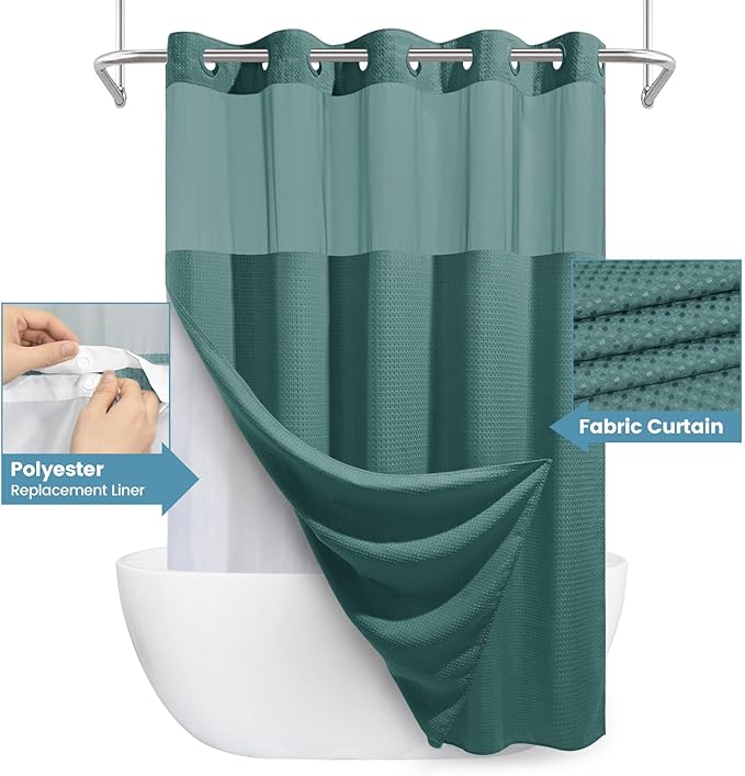 Seaweed Green No Hook Shower Curtain with Snap in Liner,230GSM Waffle Weave Shower Curtains for Bathroom,71W x 74H
