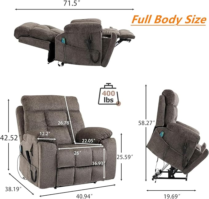 Large Power Lift Recliner Chair with Massage and Heat for Elderly, 26in Extra Wide Recliner Chair with Cup Holder Support Big and Tall People, 400lbs Capacity Adults (Dark Brown)