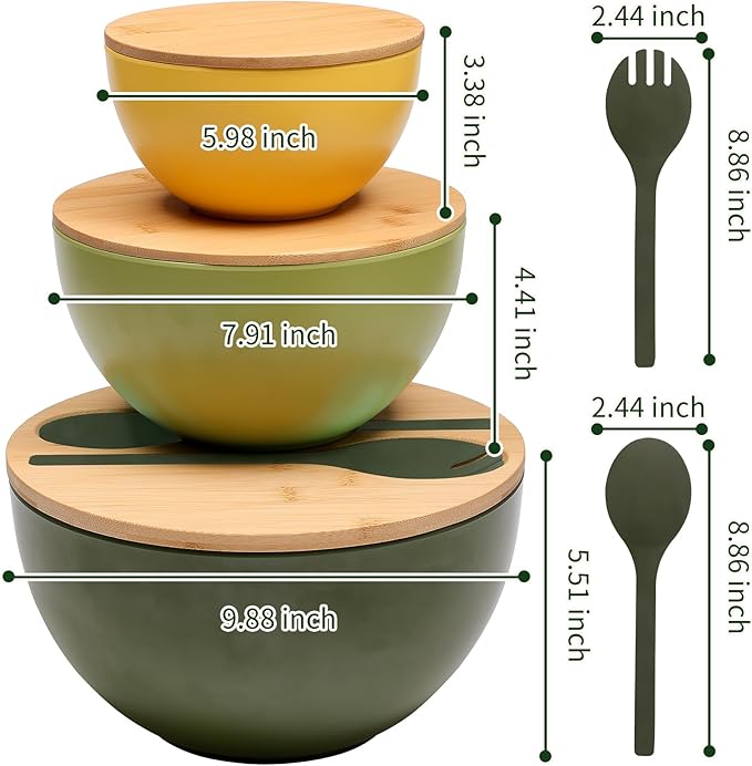 Salad Bowls Set of 3 with Lid & Serving Utensils, Colorful Serving Bowls, Bamboo Fiber Salad Bowls with Bamboo Lid, Kitchen Bowls for Salad, Kitchen Eating, Pasta, Popcorn, Fruit (3 Colors)