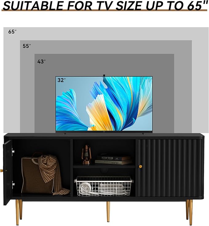 ARTPOWER 55” Fluted TV Stand, Mid Century Modern Black TV Stand for 55/60/65 inch TV, Entertainment Center with Storage, Television Stands, TV Console, Media Console for Living Room, Bedroom (Black)