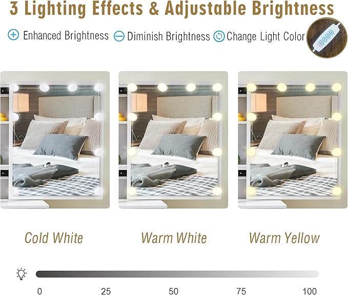 Girls Vanity Set, 3 Color Modes, 5 Storage Drawers 6 Cabinets Makeup Table with Mirror and Lights, White Dressing Table with Cushioned Stool for Home and Bedroom