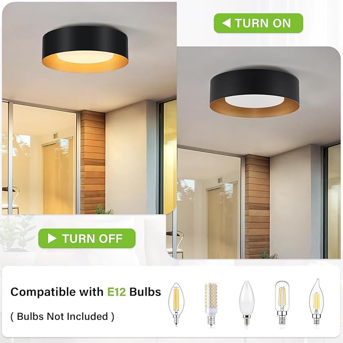 Modern Black and Gold Flush Mount Ceiling Lights, Glass Round Ceiling Lighting, Minimalist Drum Close to Ceiling Light Fixtures for Bedroom, Dining Room, Bathroom, Hallways, Living Room