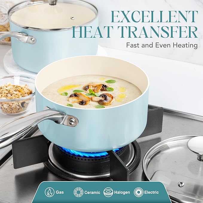 MICHELANGELO Sauce Pan with Lid, Non Stick Saucepan Set of 3-1Qt & 2Qt & 3Qt Small Pots for Cooking, Ceramic Saucepan - Non-Toxic, Scratch-Resistant, Oven Safe, Light Blue