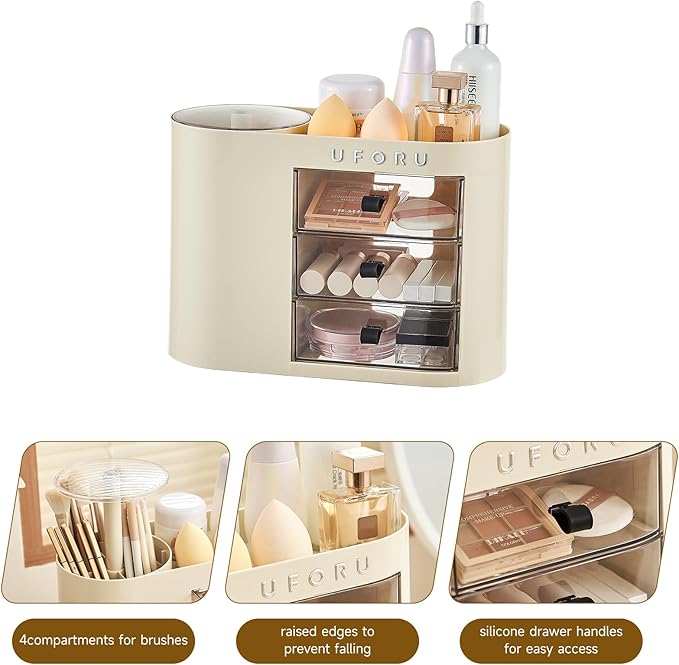 Makeup Organizer with Pop-Up Brush Holder for Dresser Vanity, Plastic Bathroom Counter Organizer with 3 Drawers & Dust-Proof Cover, Cosmetic Display Case for Lipstick, Skincare, Cream White
