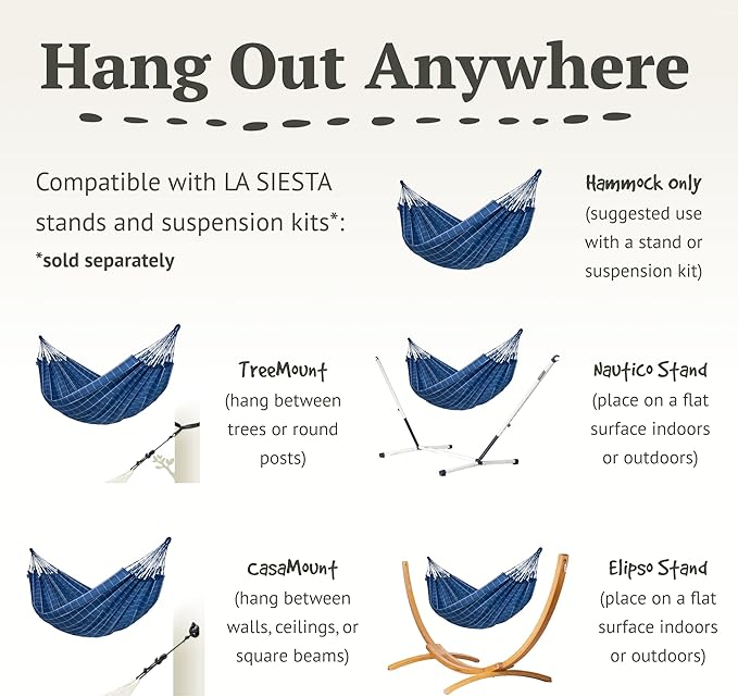 LA SIESTA® - Large Double Brisa Classic Hammock & Elipso Stand - Larch Wood Hammock Stand - Weather & Tear Resistant - Backyard Outdoor Hammock with Stand - 2-Person, Max 355 Lbs, Marine