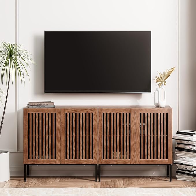 Farmhouse TV Stand for 70 Inch TVs, 2-in-1 Entertainment Center with Storage Cabinets & Metal Base,Brown Media Console for Living Room