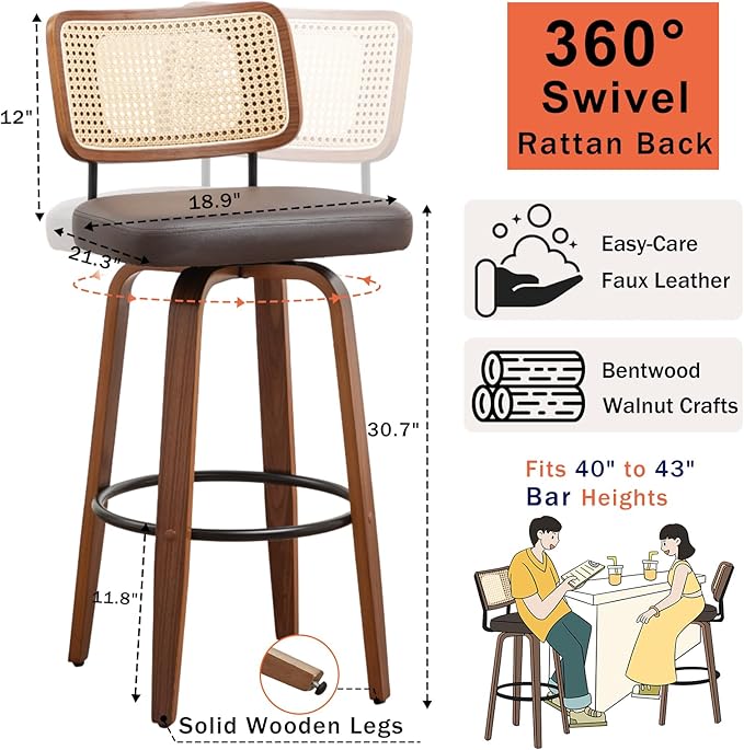 Bar Stools Set of 2 - 30 inch Rattan Swivel Bar Stools with Walnut Craftsmanship, Curved Rattan Back, Upholstered Seat, Mid Century Modern BarStools for Bar/ Pub/Island/Cafe (30" Seat Height, Brown)