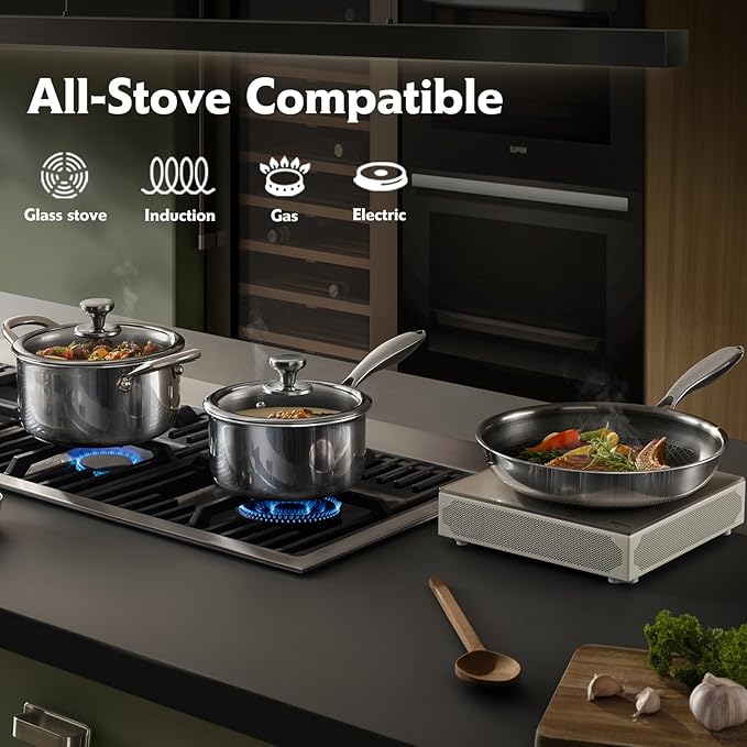 9-Inch Non Stick Frying Pans, Stainless Steel Skillet with Honey Design, Non Toxic Frying Pan with Cool-Touch Handle, Dishwasher Safe, Easy Use in the Kitchen