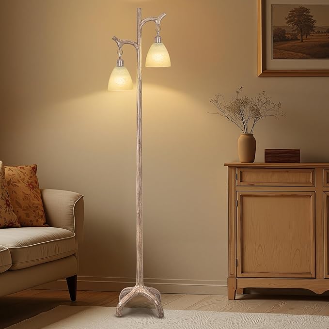 68" Farmhouse Floor Lamp with Glass Shade for Living Room, Vintage Standing Lamp for Bedroom, Rustic Floor Lamp Stepless Dimmable Tree Trunk Tall Lamp for Home Room Office Decor (Bulb Included)