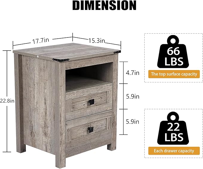 Nightstand with 2 Drawers, Wooden Night Stands, Grey Bedside Table Side Table for Bedroom Storage Cabinet End Table for Bedroom, Rustic Grey, Nightstand