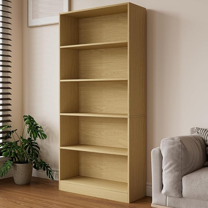 Wood Bookcase 5-Shelf Freestanding Display Wooden Bookshelf for Home Office School (Burlywood)