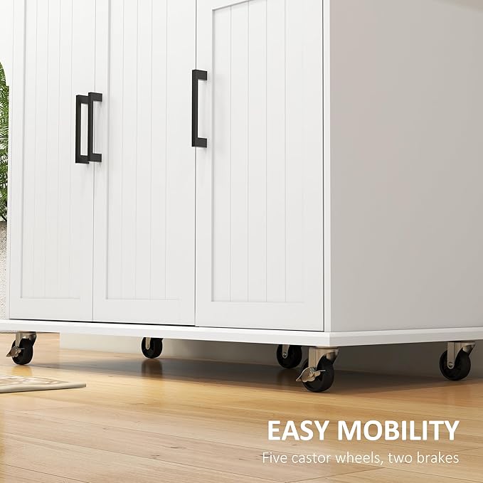 HOMCOM Kitchen Island with Storage, Rolling Kitchen Island on Wheels with Drawer, 3 Cabinets, Stainless Steel Countertop, Spice Rack and Towel Rack, White