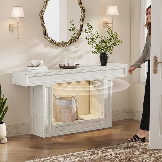 Rresyet 63" Console Table, 2-Tier Entryway Table with Sensor Lights, Coffee Table Behind The Sofa, with U-Shaped Base Suitable for Entryways, Living Rooms, Corridors, and Foyers(White)