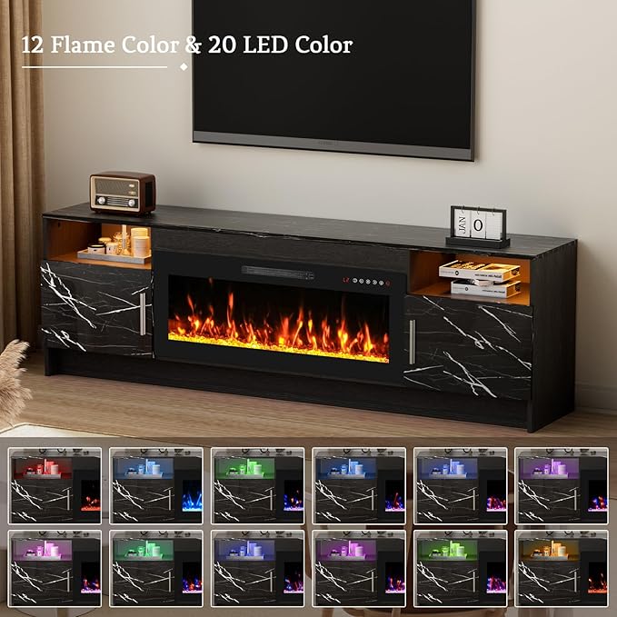 70'' TV Stand with Fireplace-Marble Black Entertainment Center for 75+ inch TV- TV Cabinet with LED Light, Storage, High Glossy Door, Modern TV Console for Living Room