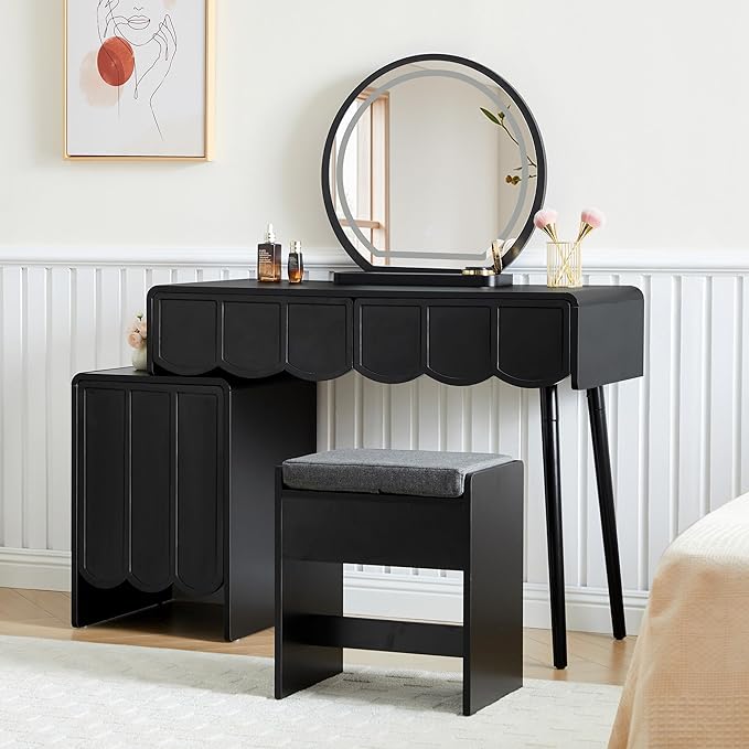 ORRD Vanity Desk with Mirror and Lights, Modern Wood Wave Panel Vanity Desk Set Makeup Table with Drawers and Cabinet, Dressing Table with Storage for Bedroom, Black