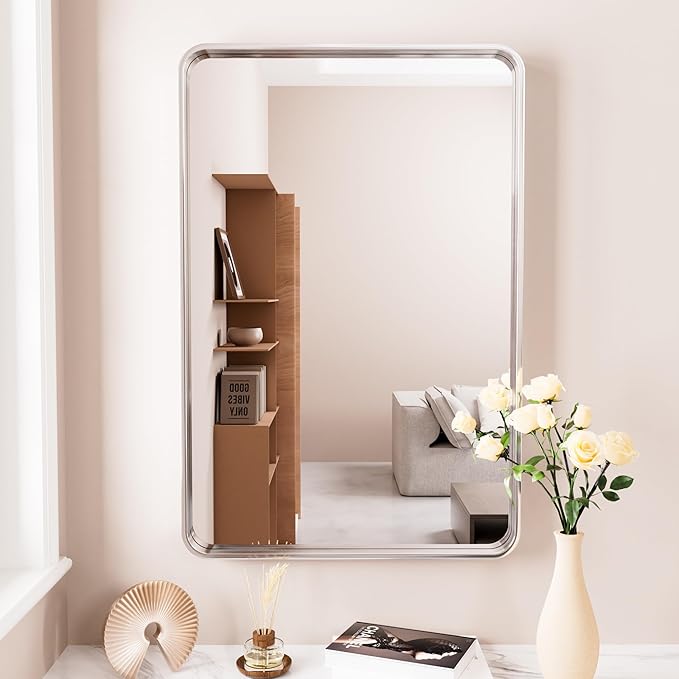 Brushed Nickel Bathroom Mirror 28x36 Inch, Brushed Silver Metal Frame Mirror Wall Mounted, Rounded Rectangle Bathroom Vanity Mirror, Tempered Glass, Anti-Rust, Horizontal/Vertical