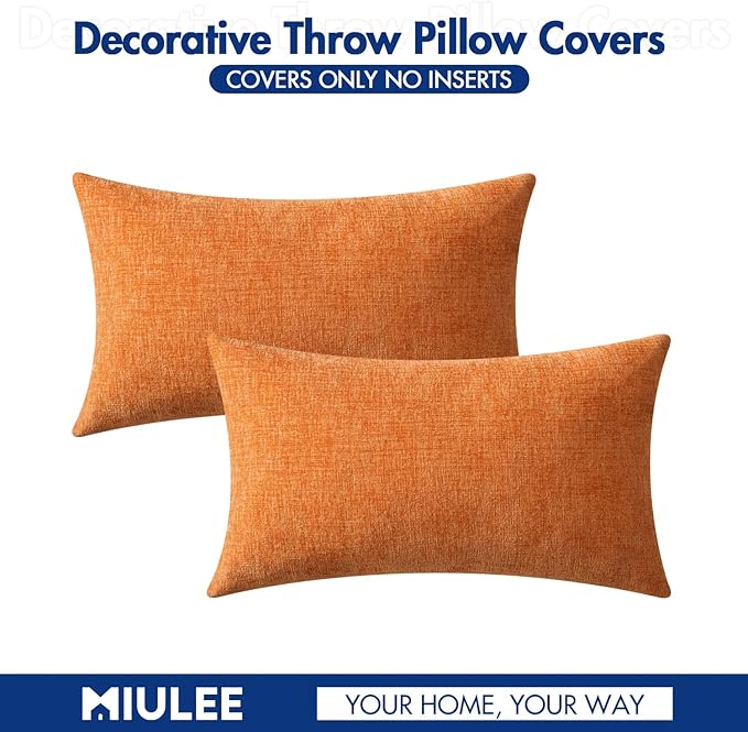 MIULEE Fall Pack of 2 Orange Throw Pillow Covers 12x20 Inch Soft Chenille Pillow Covers for Sofa Living Room Couch Solid Dyed Cases