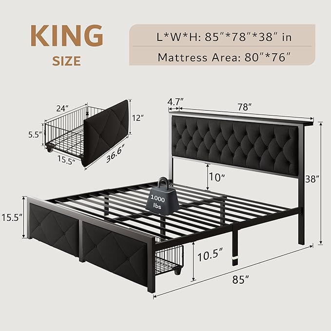 iPormis King Bed Frame with 2 Storage Drawers, Linen Upholstered Headboard Platform Bed with Charging Station, No Box Spring Needed, Metal Slats Support, Noise-Free, Easy Assembly, Black