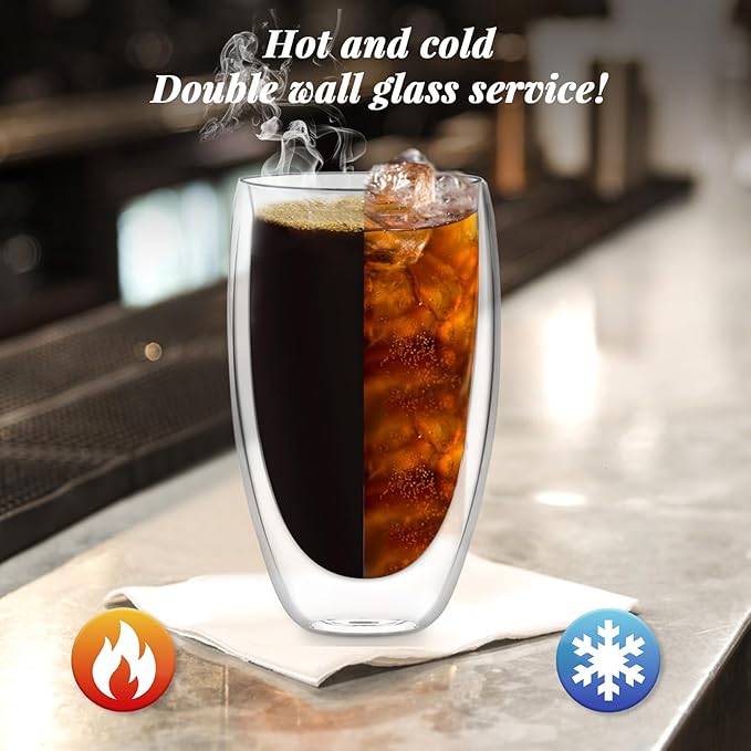 Glass Coffee Cups Set of 4, 16 oz Double Walled Glass Coffee Mugs, Insulated Coffee Mug for Espresso, Cappuccino, Latte, Tea