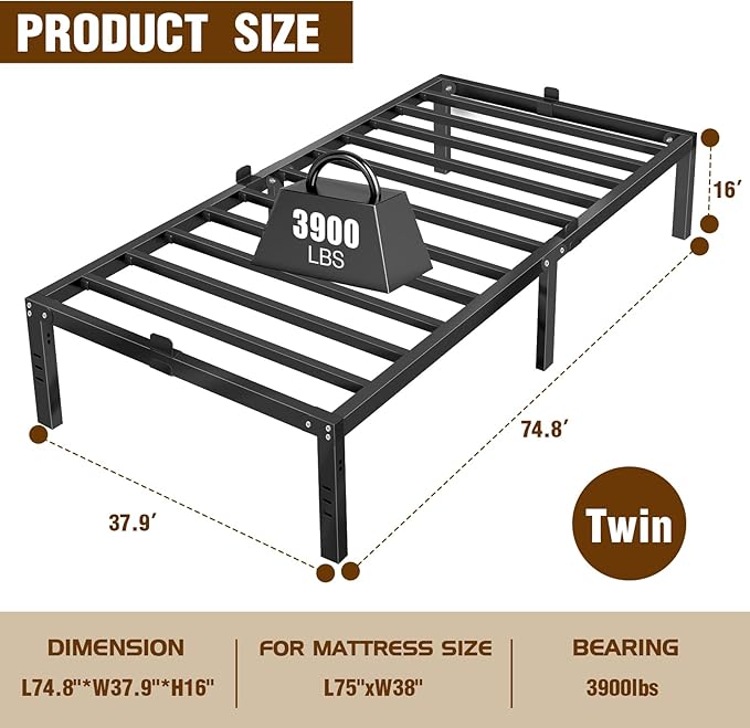 16 inch Twin Bed Frame with Headboard Hole,Metal Twin Size Bed Frame no Box Spring Needed with Storage Space Under Bed,Max 3900lbs Heavy Duty Steel Slats Noise-Free