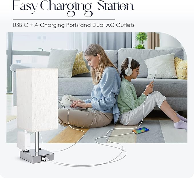 Bedside Lamp with USB Ports - Touch Control Table Lamp for Bedroom with USB C+A Charging Ports & AC Outlets, 3 Way Dimmable Nightstand Light for Living Room (LED Bulb Included, Chrome - Flaxen)