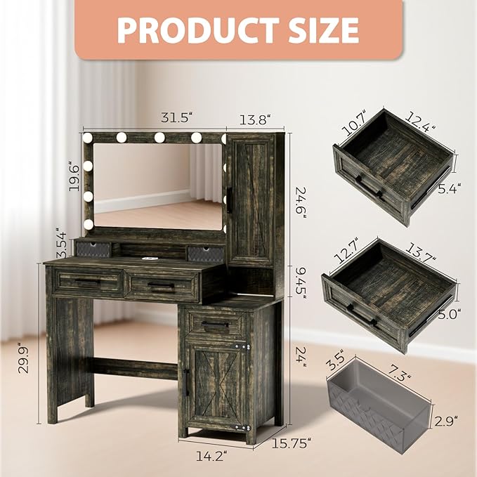 Farmhouse Makeup Vanity, Vanity Desk with Square Mirror, Tricolor Lighting Adjustment & Built-in Charging Station, Multi-Functional Wood Vanity with 2 Drawers & Open Storage Space, Brown