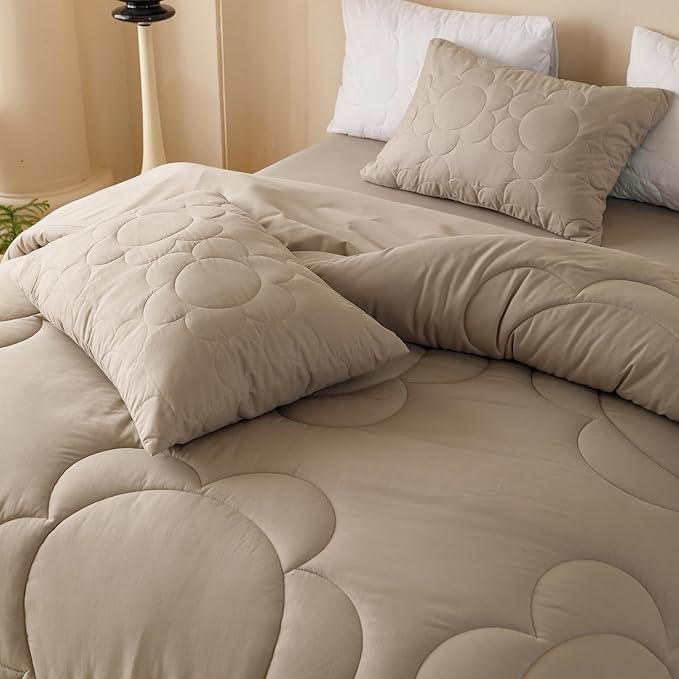 Luxlovery Mocha Sunflower Comforter Set Queen Beige Khaki Bedding Set Queen Size Boho Farmhouse Blanket Quilts Floral Elegant Soft Breathable Bedding Comforter Set