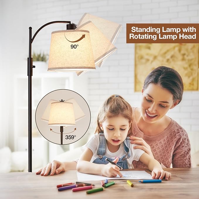 AIDENOEY Fully Dimmable Floor Lamp for Living Room，Standing Lamp Rotary Switch with Linen Beige Shade，Black Tall Lamps for Bedroom with Adjust Head，9W LED Bulb Included