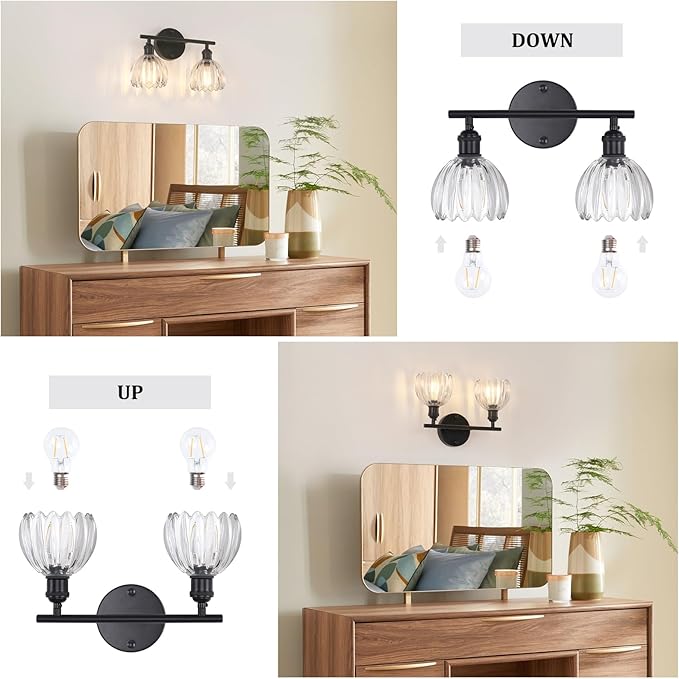Bathroom Light Fixtures, 2-Light Black Vanity Wall Light Over Mirror with Clear Tulip Glass Shade for Bedroom Living Room