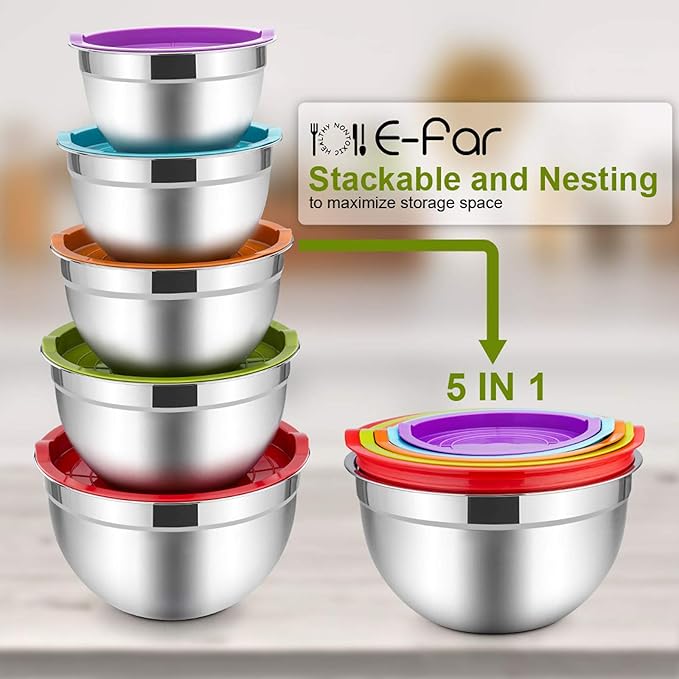 E-far Mixing Bowls with Lids Set of 5, Stainless Steel Mixing Bowls Metal Nesting Bowls with Airtight Lids, Non-toxic & Dishwasher Safe, Great for Cooking, Baking, Serving - Size 0.7/1/1.5/3/4.6QT