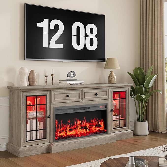 Fireplace TV Stand Up to 80" TVs, 70'' Modern Entertainment Center with 36" Electric Fireplace & LED Lights, Farmhouse Media Console with Storage Cabinet & Drawer for Living Room, Gray