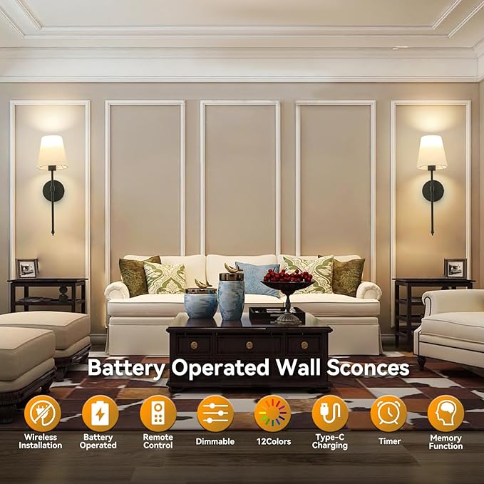 Wall Lights Battery Operated Wall Sconces Set of 2, Rechargeable Wall Sconce with Dimmable Bulbs and Remote, Black Wireless Wall Lamps Battery Powered with Fabric Shade
