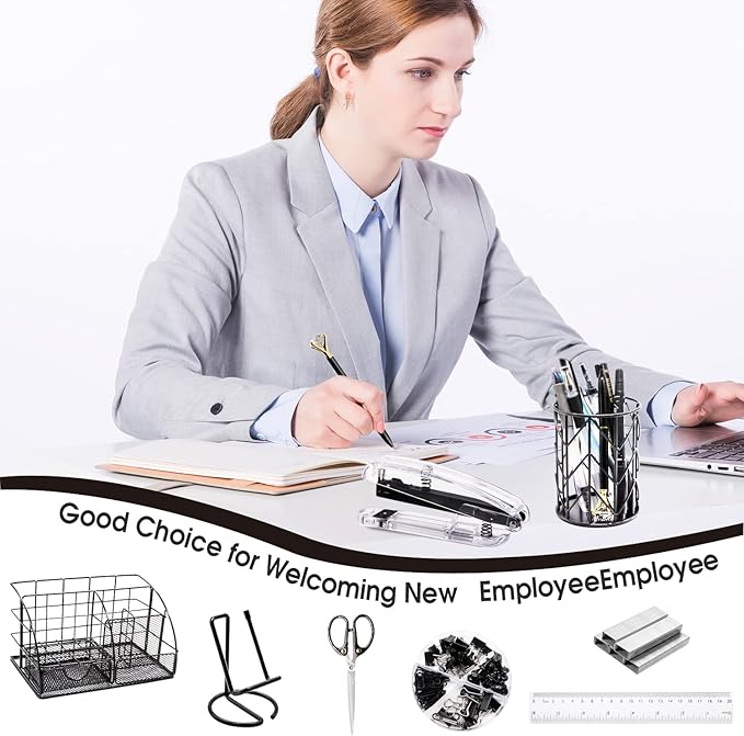 Black Desk Organizers and Accessories Office Supplies Set Stapler, Pen Holder, Phone Holder, Scissors, Pen, Ruler, 30 Paper Clips, 22 Binder Clip, 20 Tacks and 1000pcs Staples