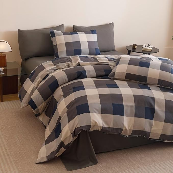 Luxlovery Checkered Navy Comforter Set Cal King Gingham Bedding Set Men's Bedding Grid Bedding Set Fluffy Soft Cottagecore Khaki and Blue Blanket Quilts with 2 Pillowcases California King Bed