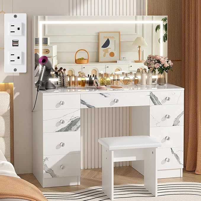 VOWNER Vanity with Lighted Mirror - 47" Makeup Vanity Desk with 9 Drawers and Power Outlet, 3 Color Lighting Modes Adjustable Brightness, Makeup Desk with Soft Cushioned Stool for Bedroom, Marble